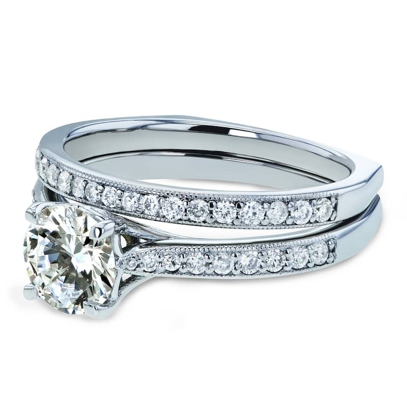 Annello by Kobelli 14k Gold 1 3/5ct TGW Round Moissanite and Diamond Square European Shank Vintage Trellis Bridal Set
