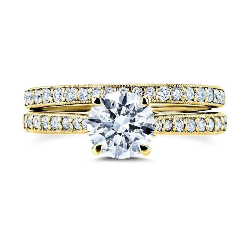 Annello by Kobelli 14k Gold 1 3/5ct TDW Diamond Square European Shank Milgrain Vintage Trellis Bridal Set