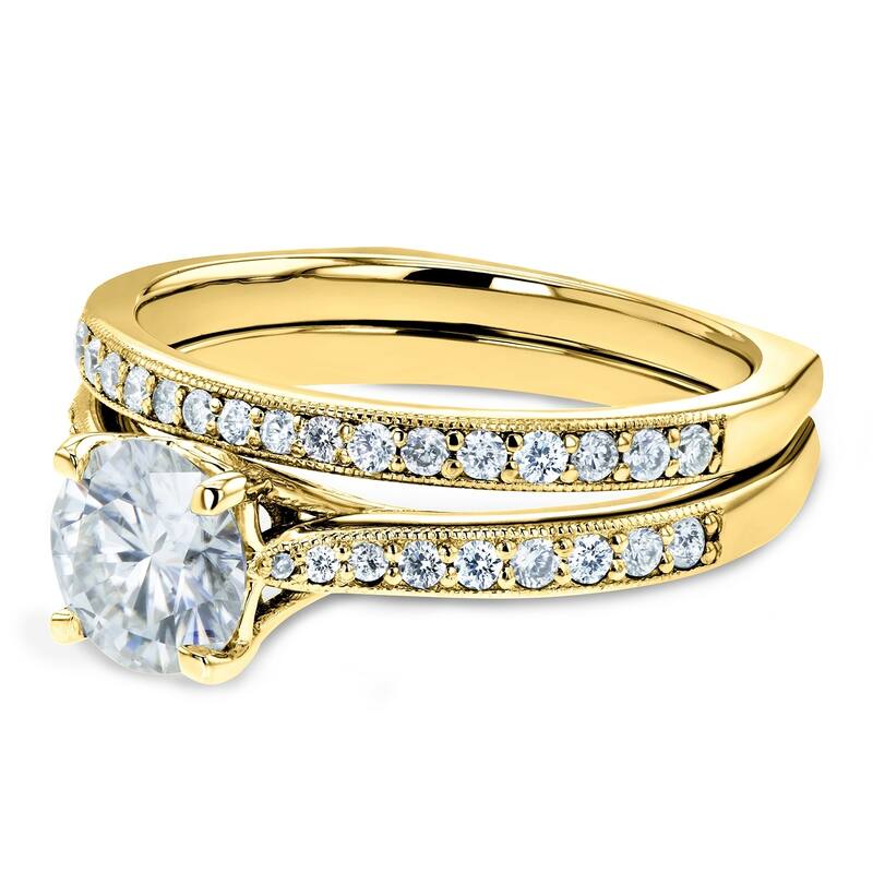 Annello by Kobelli 14k Gold 1 3/5ct TDW Diamond Square European Shank Milgrain Vintage Trellis Bridal Set