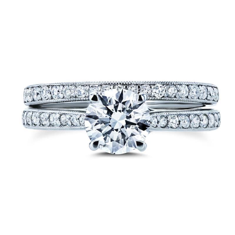 Annello by Kobelli 14k Gold 1 3/5ct TDW Diamond Square European Shank Milgrain Vintage Trellis Bridal Set