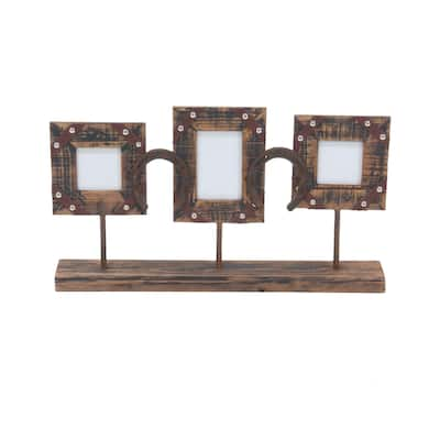 Rustic 3-Opening Wood and Iron Photo Frame with Stand