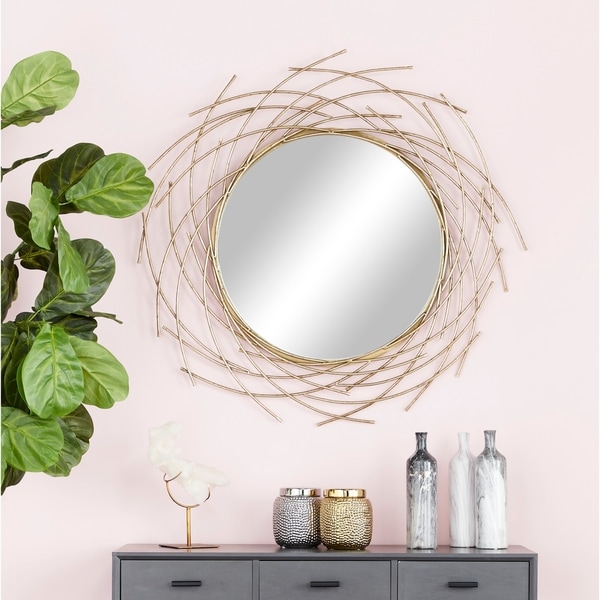 Glam Style Decorative Round Metal Wall Mirror with Twig