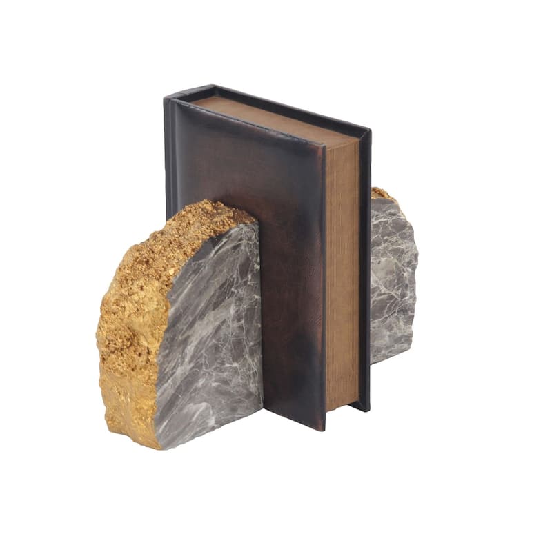 CosmoLiving by Cosmopolitan Gray Polystone Geode Decorative Bookends with Gold Detailing (Set of 2)