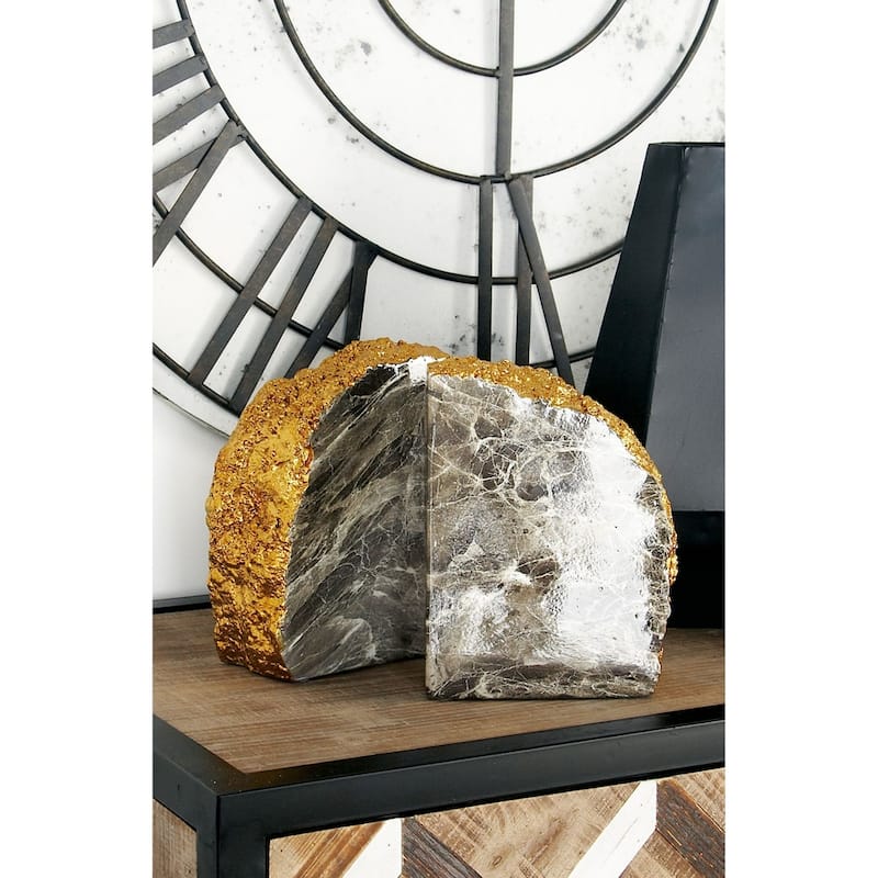 CosmoLiving by Cosmopolitan Gray Polystone Geode Decorative Bookends with Gold Detailing (Set of 2)