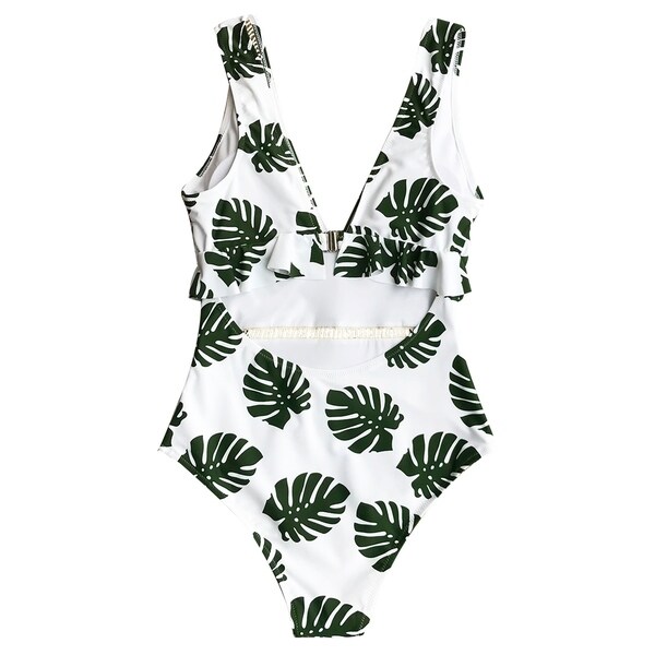 white swimsuit with green leaves