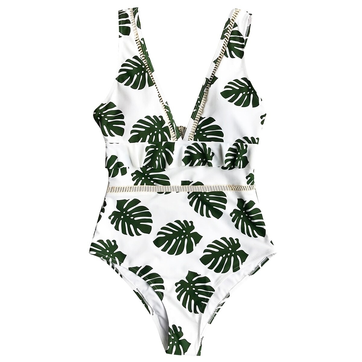white swimsuit with green leaves