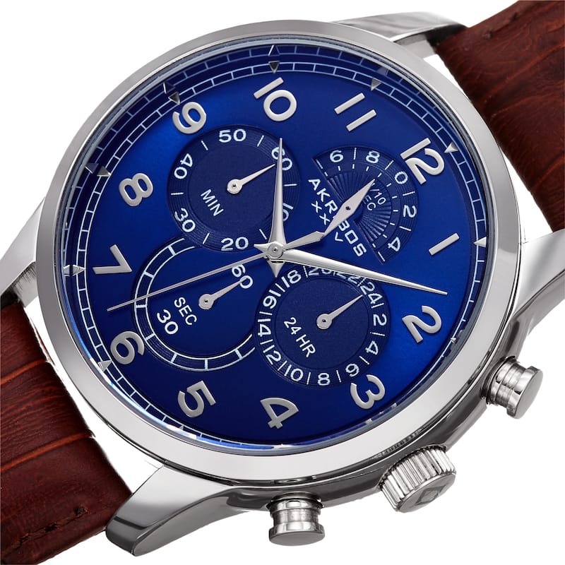 Akribos XXIV Men's Chronograph Classic Leather Strap Watch - Silver/Brown