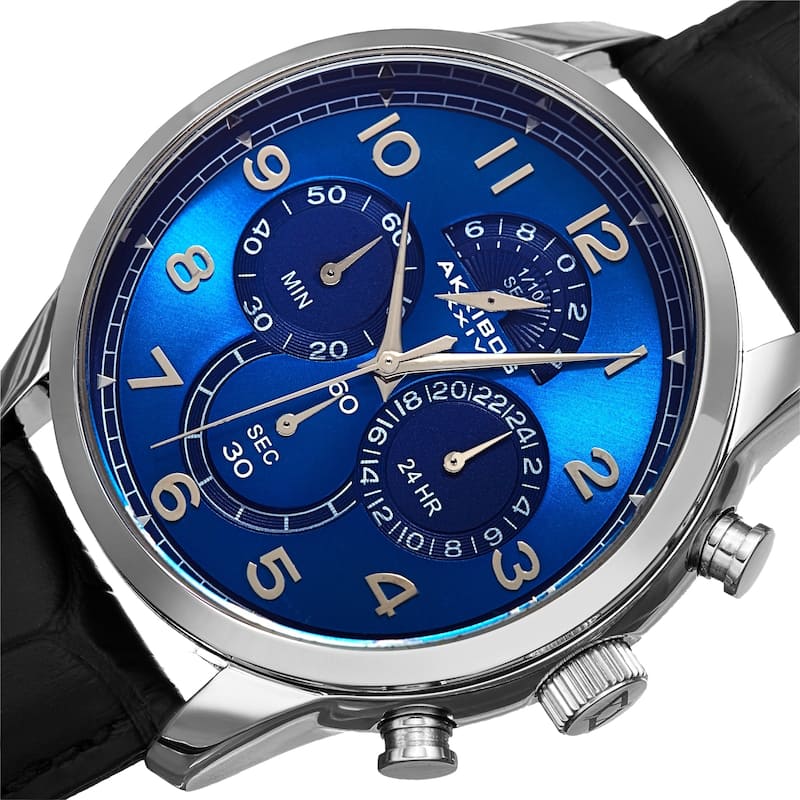 Akribos XXIV Men's Chronograph Classic Leather Strap Watch - Silver/Black