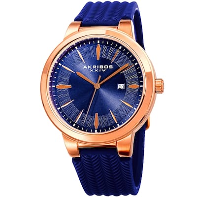 Akribos XXIV Men's Quartz Rose-Tone Blue Soft Silicone Strap Watch