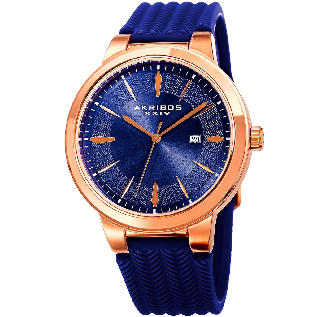 Akribos XXIV Men's Quartz Rose-Tone Blue Soft Silicone Strap Watch