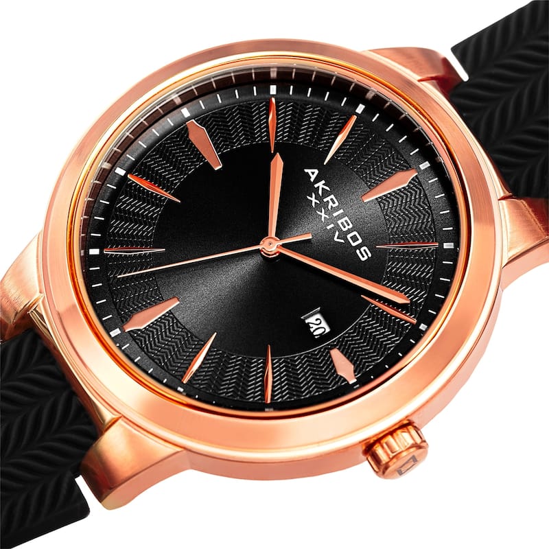 Akribos XXIV Men's Quartz Rose-Tone Black Soft Silicone Strap Watch