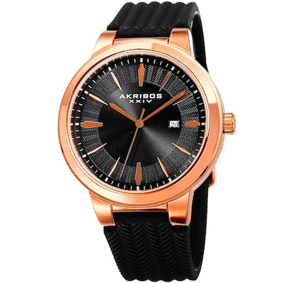 Akribos XXIV Men's Quartz Rose-Tone Black Soft Silicone Strap Watch