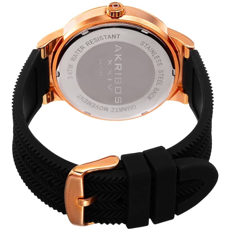 Akribos XXIV Men's Quartz Rose-Tone Black Soft Silicone Strap Watch