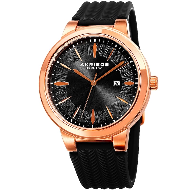 Akribos XXIV Men's Quartz Rose-Tone Black Soft Silicone Strap Watch