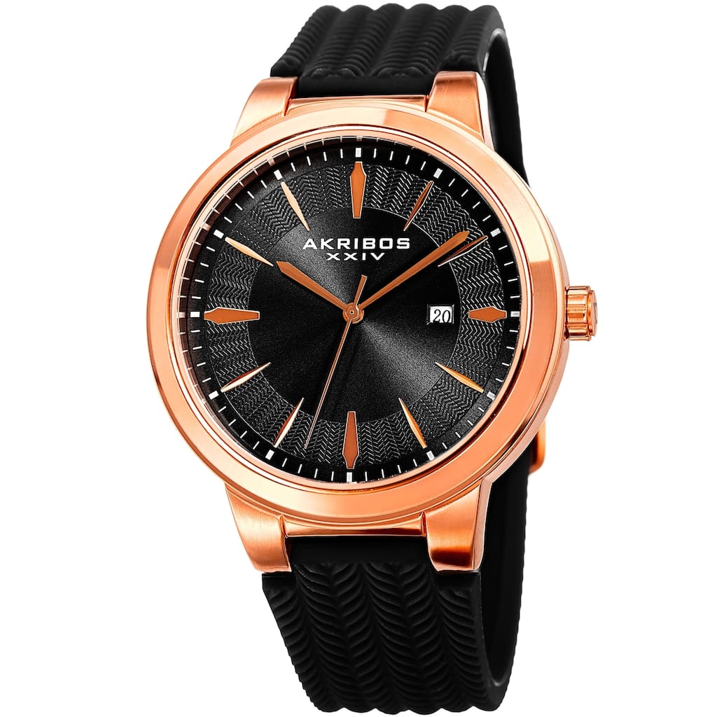 Akribos XXIV Men's Quartz Rose-Tone Black Soft Silicone Strap Watch