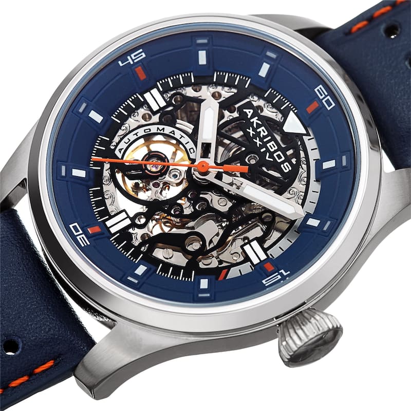 Akribos XXIV Men's Automatic Skeleton Perforated Blue Leather Strap Watch