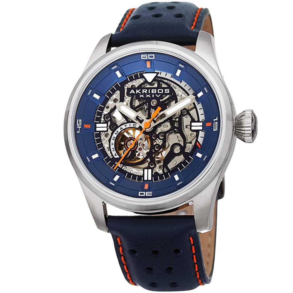 Akribos XXIV Men's Automatic Skeleton Perforated Blue Leather Strap Watch