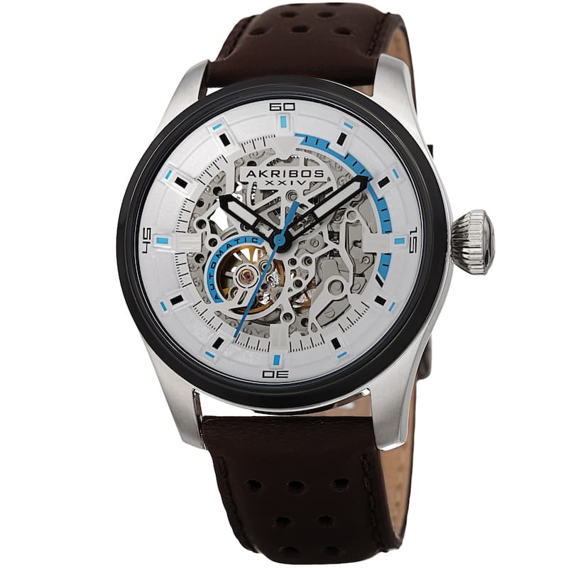 Akribos XXIV Men's Automatic Skeleton Perforated Brown Leather Strap Watch