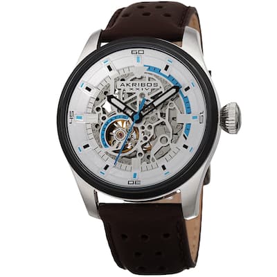 Akribos XXIV Men's Automatic Skeleton Perforated Brown Leather Strap Watch