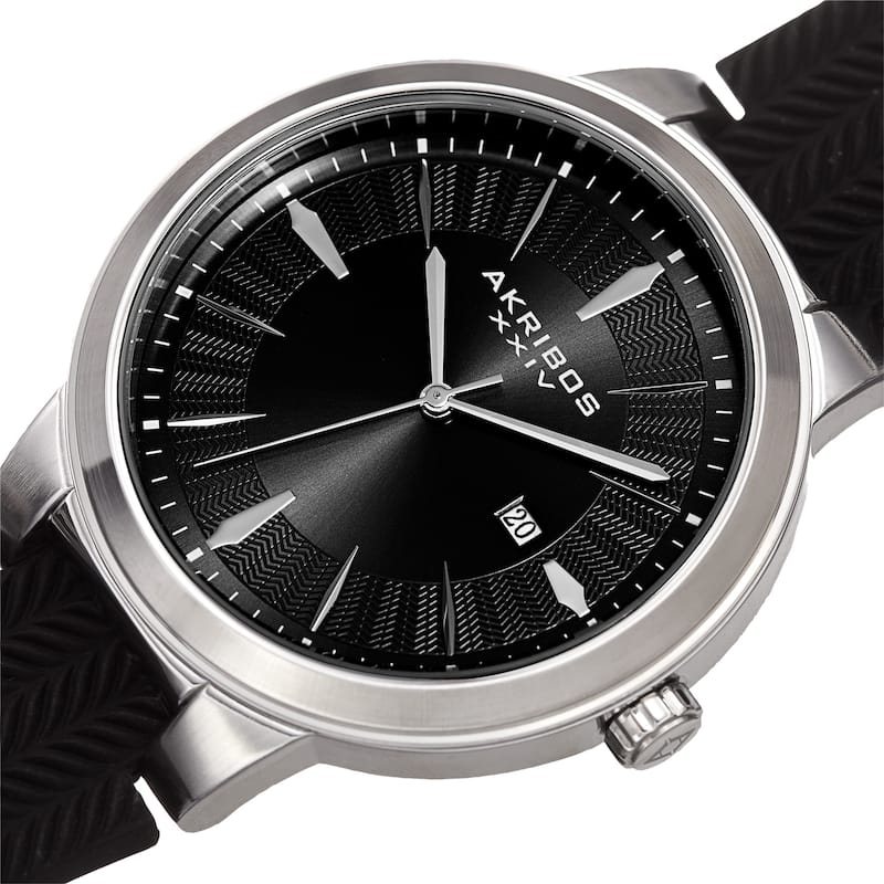 Akribos XXIV Men's Quartz Silver-Tone Black Soft Silicone Strap Watch
