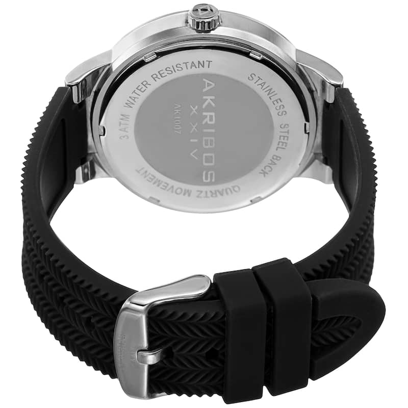 Akribos XXIV Men's Quartz Silver-Tone Black Soft Silicone Strap Watch