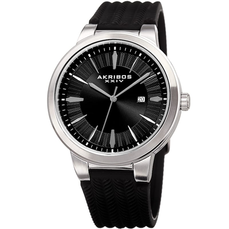 Akribos XXIV Men's Quartz Silver-Tone Black Soft Silicone Strap Watch