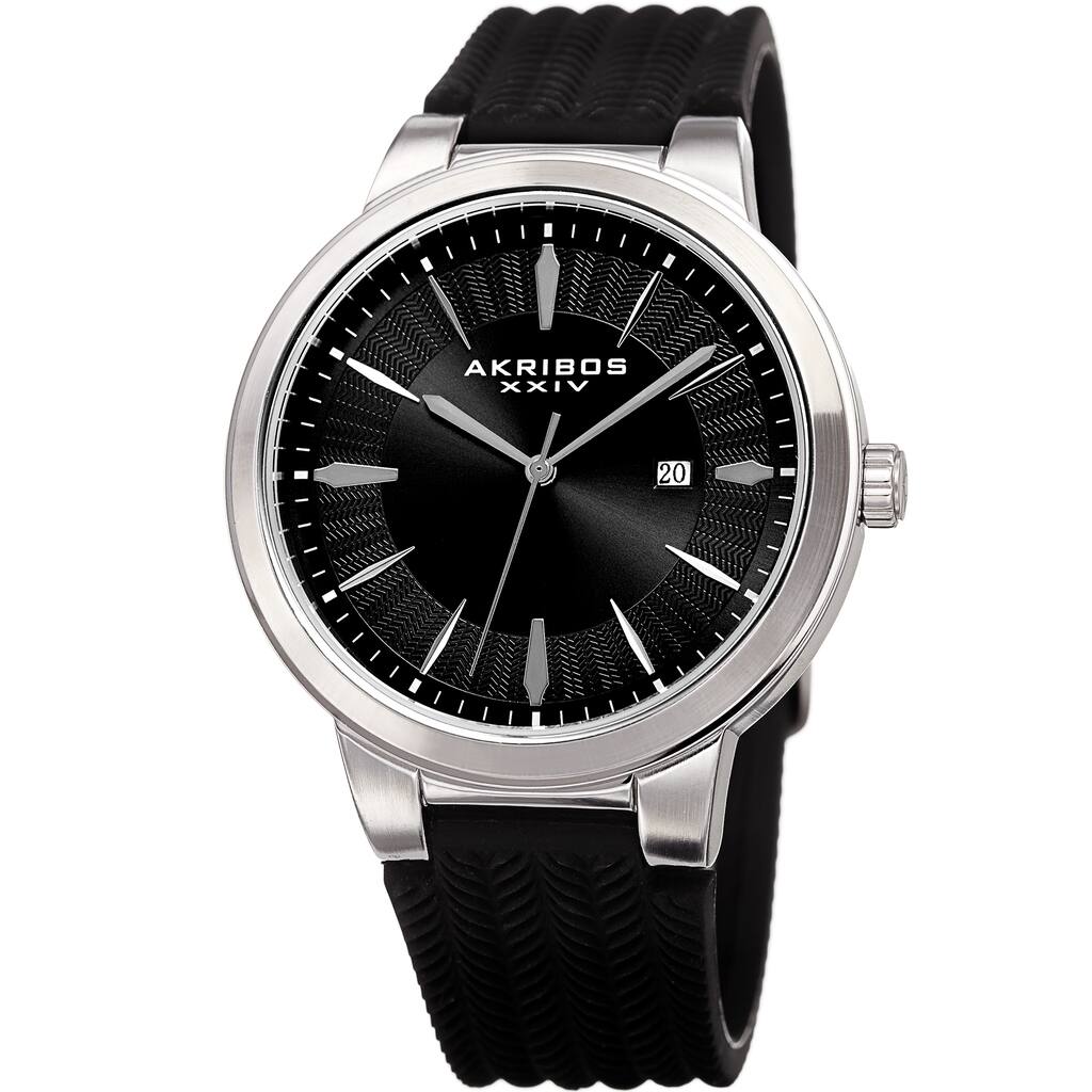 Akribos XXIV Men's Quartz Silver-Tone Black Soft Silicone Strap Watch