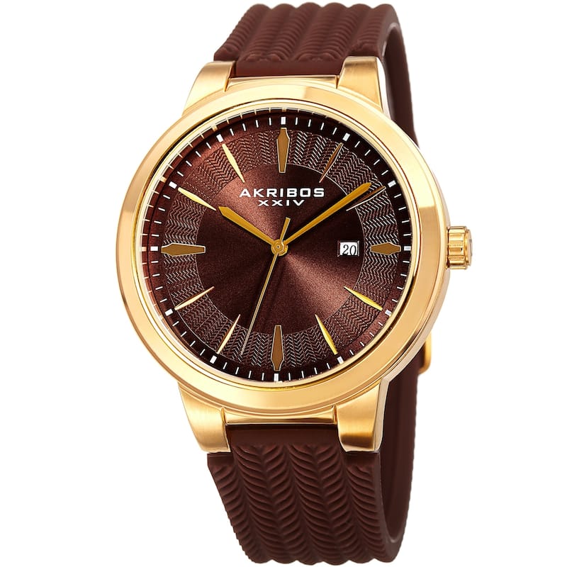 Akribos XXIV Men's Quartz Soft Silicone Strap Watch - Brown - Gold-Tone - Brown