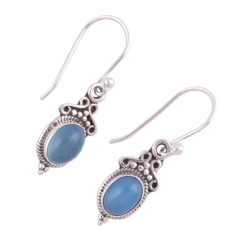 NOVICA Handmade Sterling Silver 'Elegant Gloss in Blue' Chalcedony Earrings - 1.2*0.4