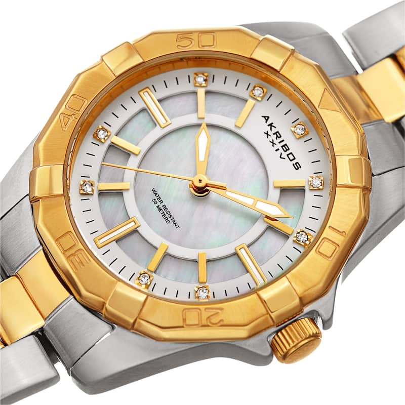 Akribos XXIV Women's Dodecagon Crystal Diver Style Two-Tone Bracelet Watch