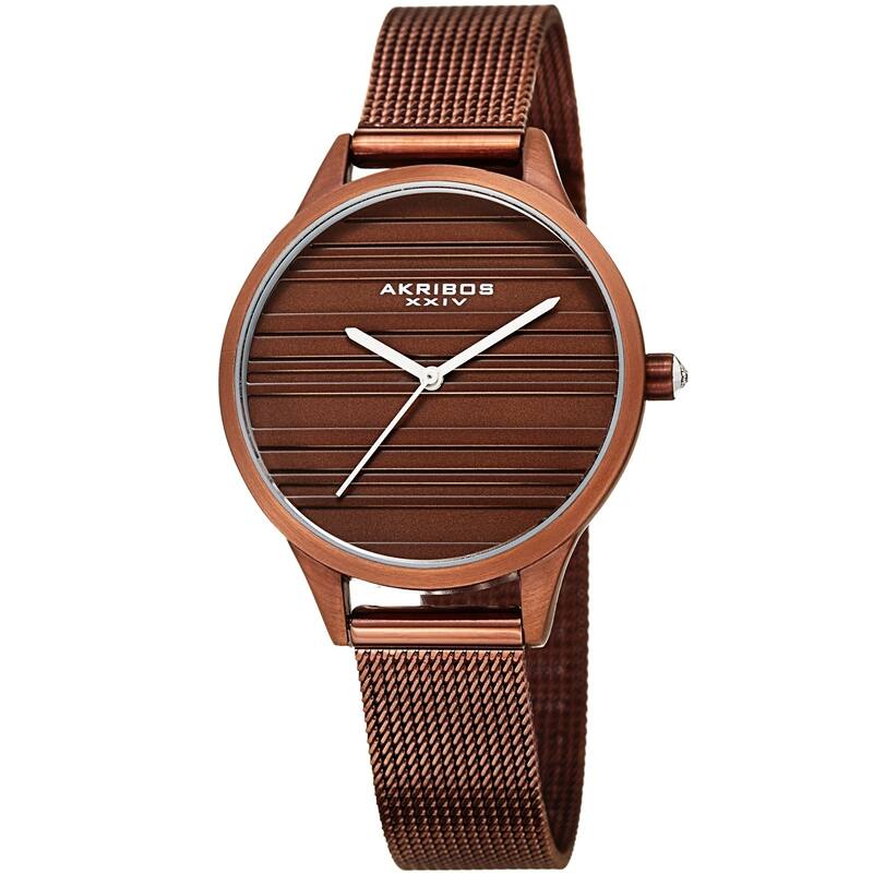 Akribos XXIV Women's Quartz Striate Simple Chic Brown Mesh Strap Watch