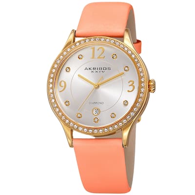 Akribos XXIV Women's Diamond Swarovski Crystal Date Pink Leather Strap Watch