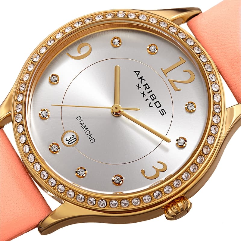 Akribos XXIV Women's Diamond Swarovski Crystal Date Pink Leather Strap Watch