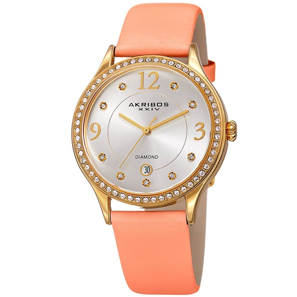 Akribos XXIV Women's Diamond Swarovski Crystal Date Pink Leather Strap Watch