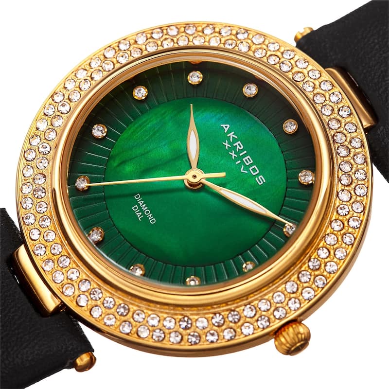 Akribos XXIV Women's Dazzling Diamond Crystal Green Black Leather Strap Watch