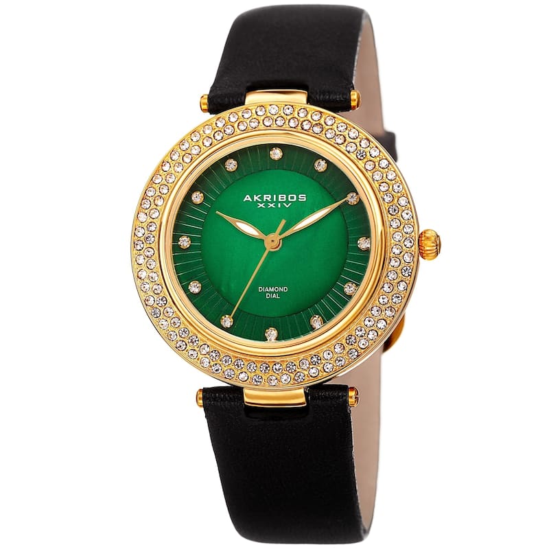 Akribos XXIV Women's Dazzling Diamond Crystal Green Black Leather Strap Watch