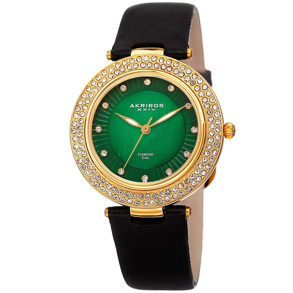 Akribos XXIV Women's Dazzling Diamond Crystal Green Black Leather Strap Watch