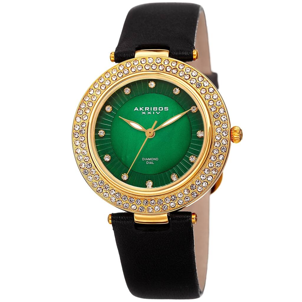 Akribos XXIV Women's Dazzling Diamond Crystal Green Black Leather Strap Watch