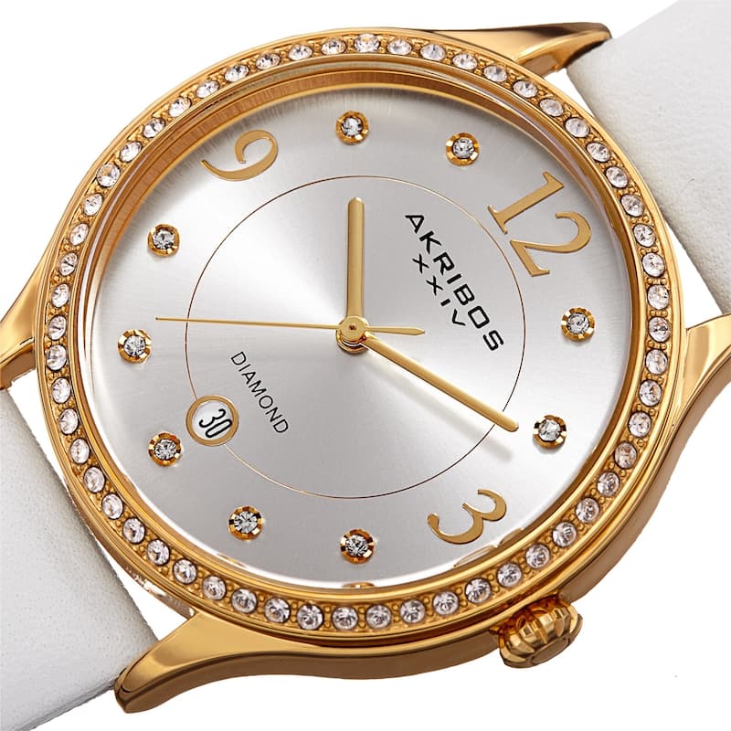 Akribos XXIV Women's Diamond Swarovski Crystal White Leather Strap Watch