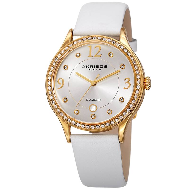 Akribos XXIV Women's Diamond Swarovski Crystal White Leather Strap Watch