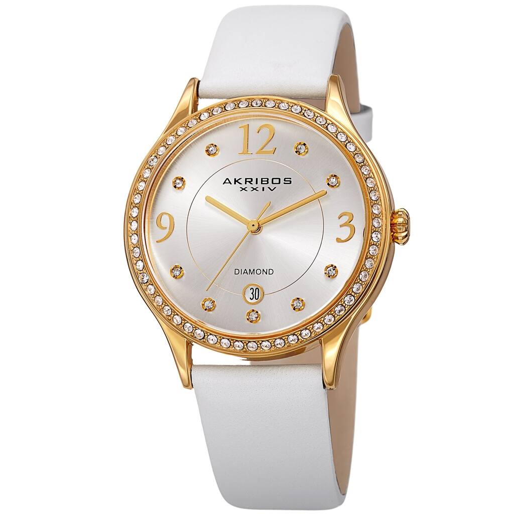 Akribos XXIV Women's Diamond Swarovski Crystal White Leather Strap Watch