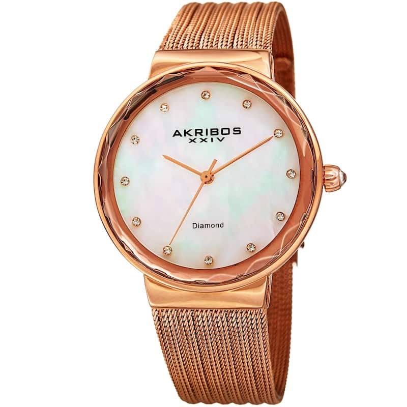 Akribos XXIV Women's Diamond Angled Rose-Tone Mesh Bracelet Watch