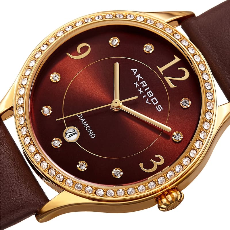 Akribos XXIV Women's Diamond Swarovski Crystal Date Brown Leather Strap Watch