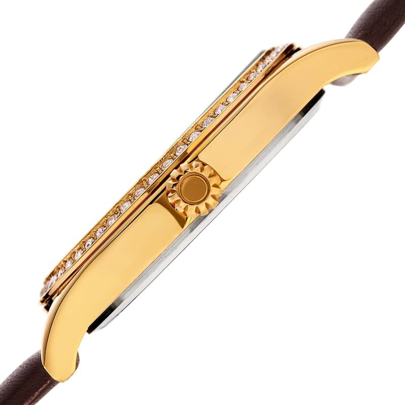 Akribos XXIV Women's Diamond Swarovski Crystal Date Brown Leather Strap Watch