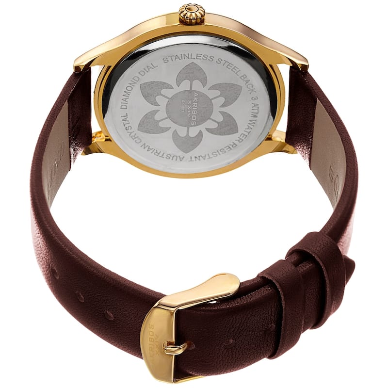 Akribos XXIV Women's Diamond Swarovski Crystal Date Brown Leather Strap Watch