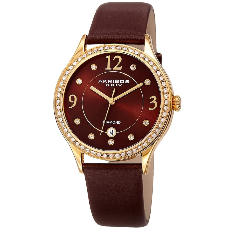 Akribos XXIV Women's Diamond Swarovski Crystal Date Brown Leather Strap Watch