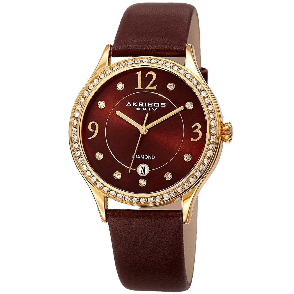 Akribos XXIV Women's Diamond Swarovski Crystal Date Brown Leather Strap Watch