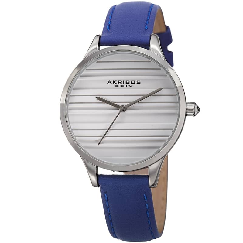 Akribos XXIV Women's Quartz Striate Simple Chic Blue Leather Strap Watch