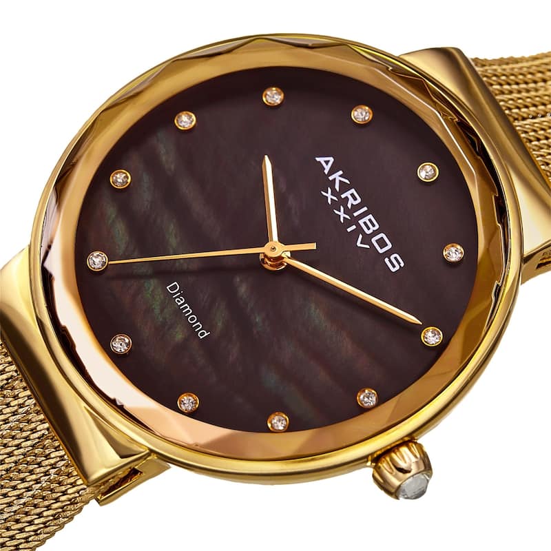 Akribos XXIV Women's Diamond Angled Gold-Tone Black Mesh Bracelet Watch