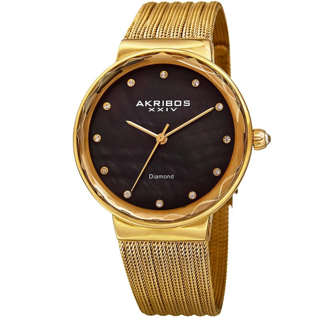 Akribos XXIV Women's Diamond Angled Gold-Tone Black Mesh Bracelet Watch
